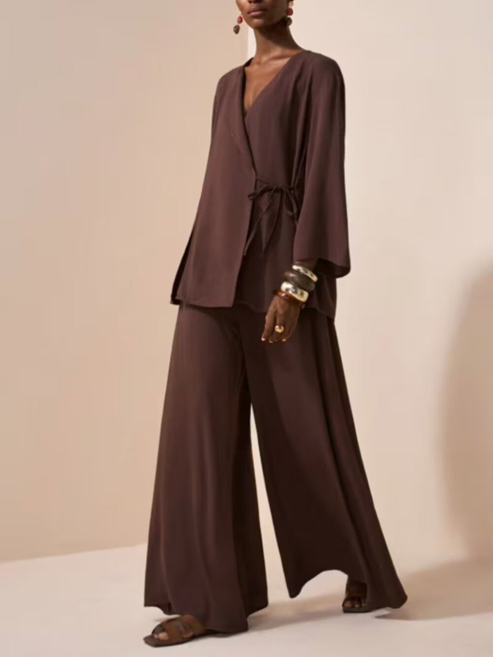 Zara Chocolate Brown Wide-Leg Pant Set Size S